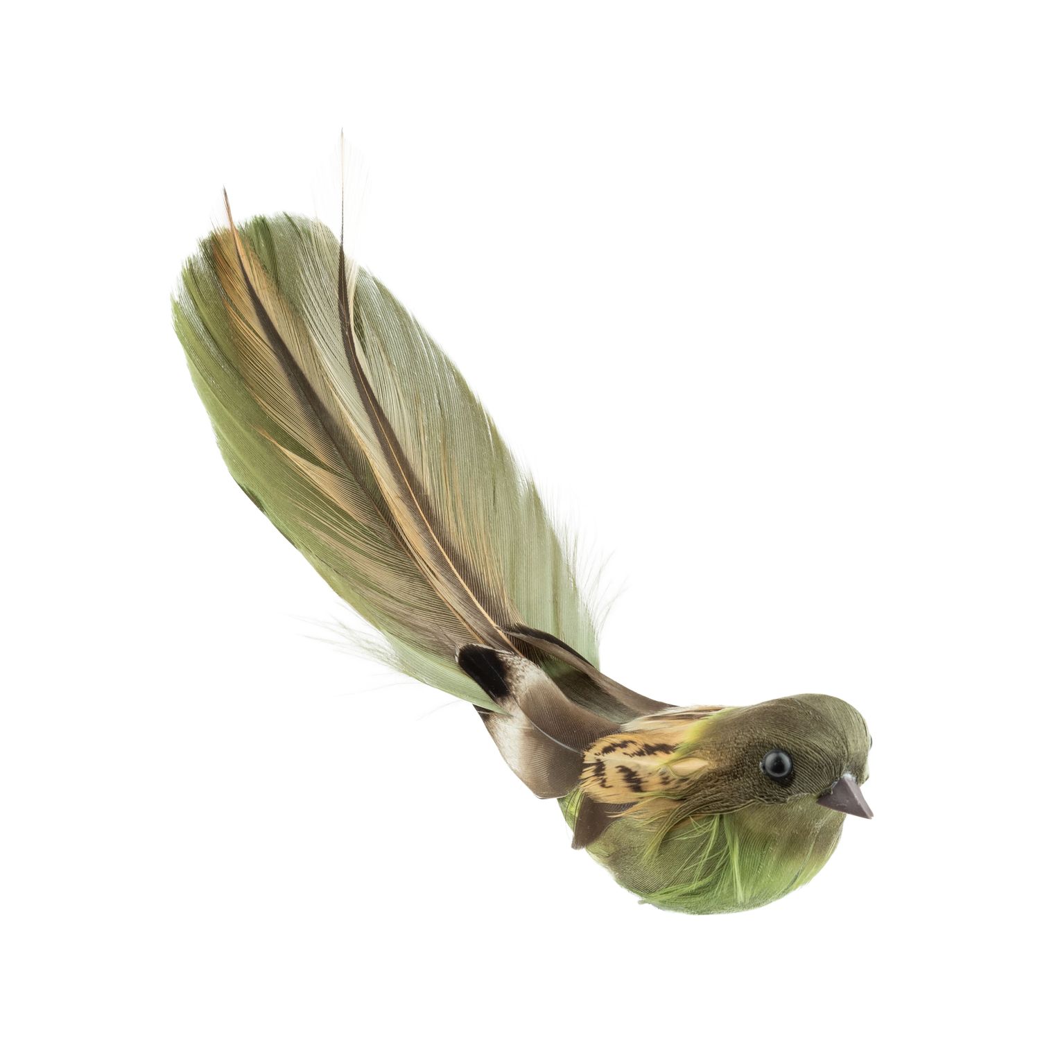 Olive green and natural feather clip on bird ornament, 6 in  12      