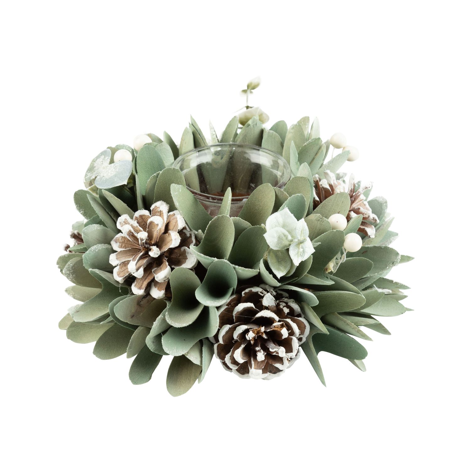 Pale green wood rosette votive holder with white wash pine cones, 8 in  6      