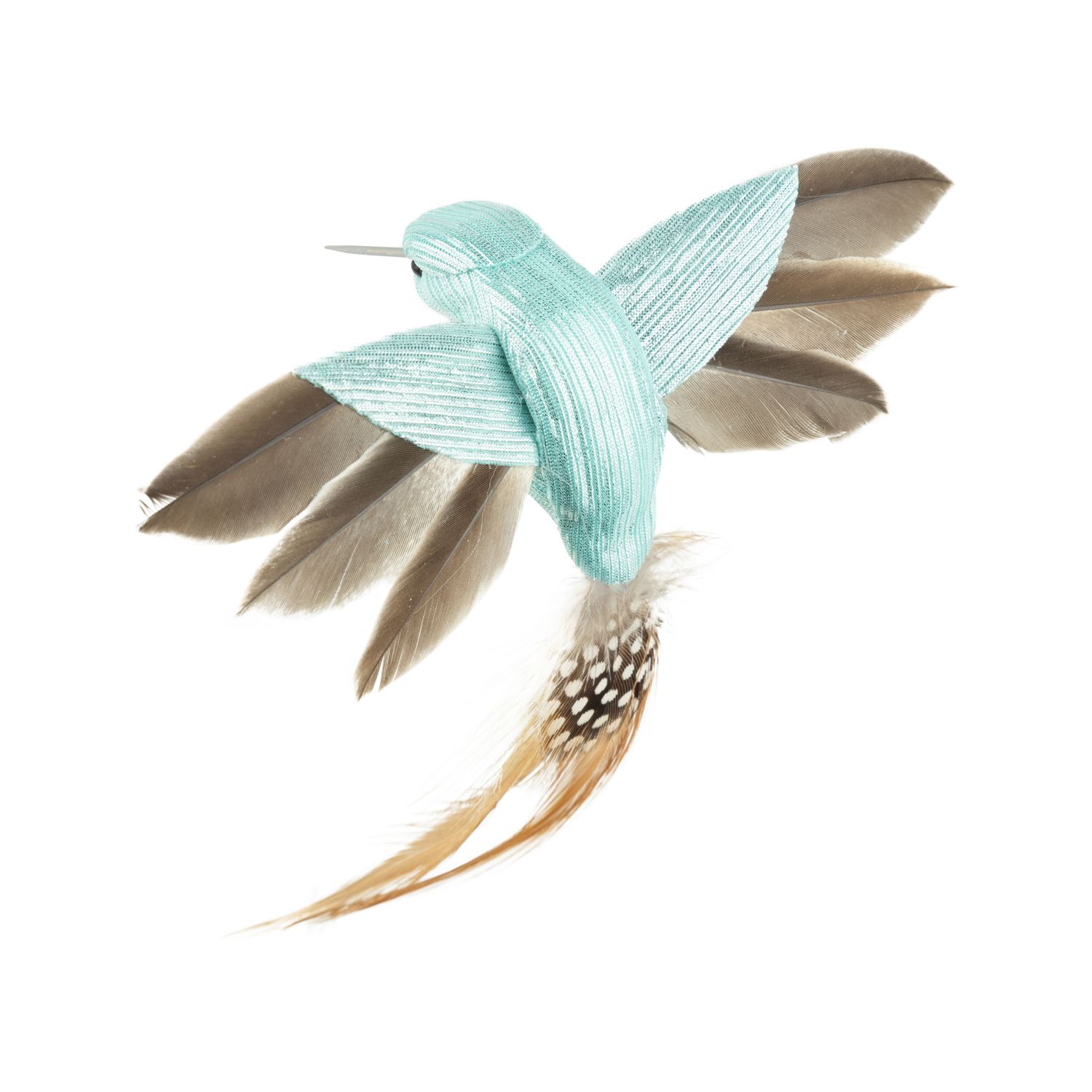 Aqua blue clip on hummingbird ornament with feather wings and tail, 5.5 in  12      