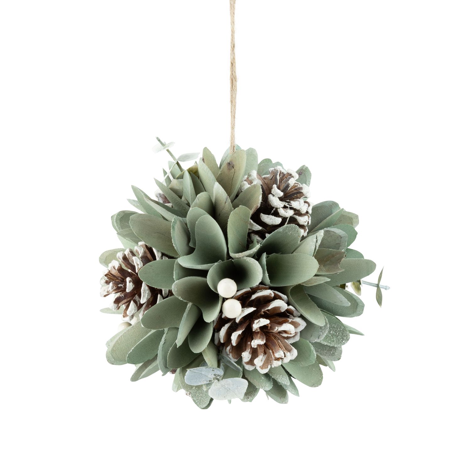 Pale green wood rosette ball with white wash pine cones, 6 in  6      