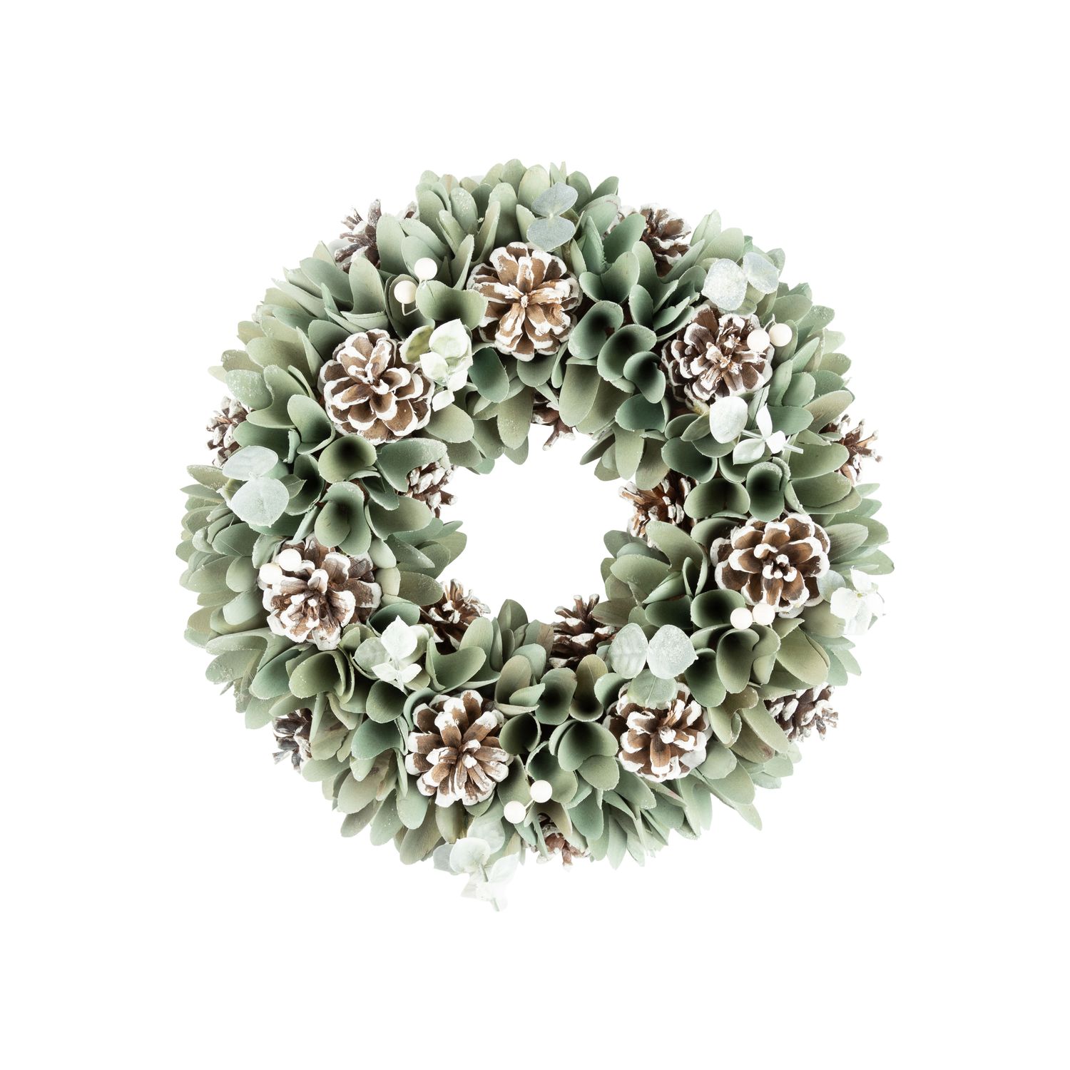 Pale green wood rosette wreath with white wash pine cones on Styrofoam base, 13 in  2      