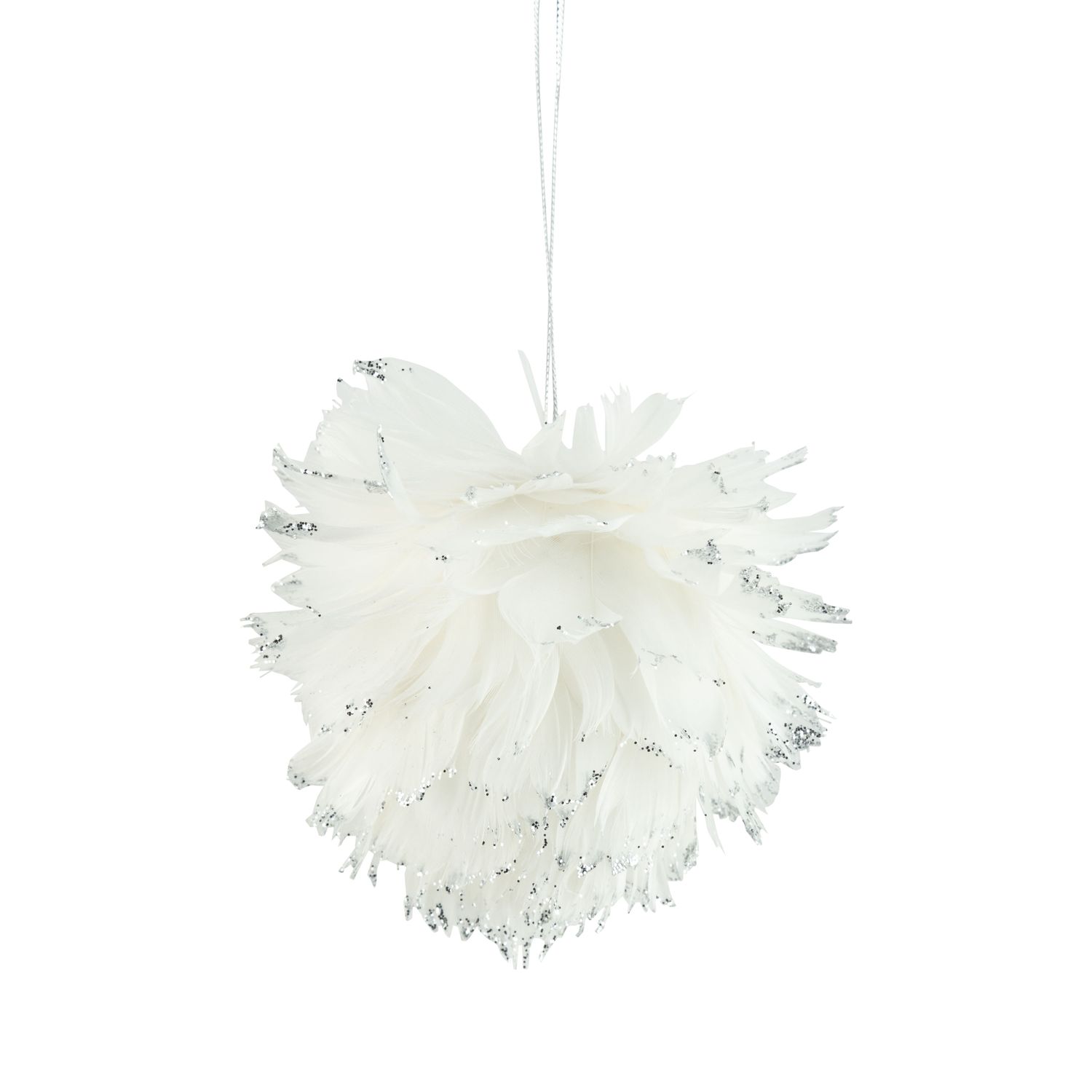 White feather ornament, layered with delicate texture and silver glitter tips, 4 in  12      