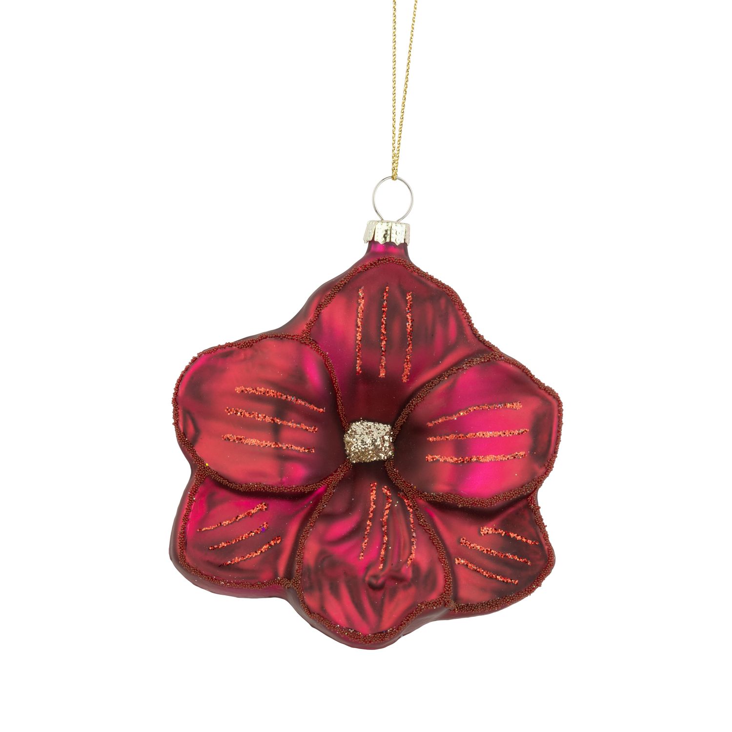 Glass hibiscus ornament, red with gold accents, 4 in  6      