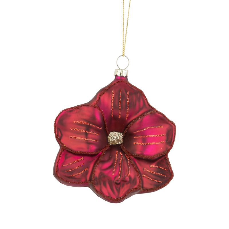 Glass hibiscus ornament, red with gold accents, 4 in  6      