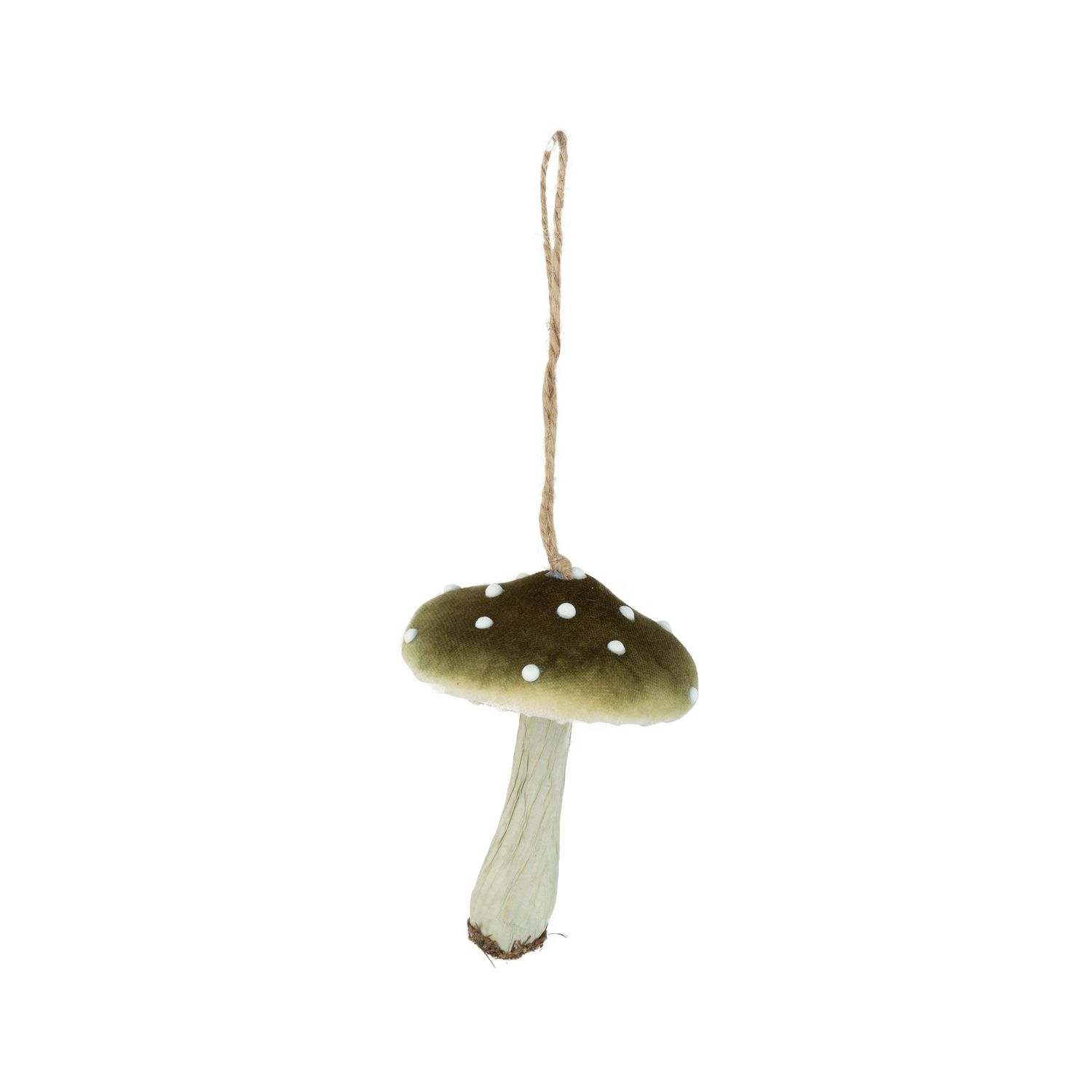 Green mushroom ornament, soft velvet material with white dots and paper stem, 3.75 in  12      