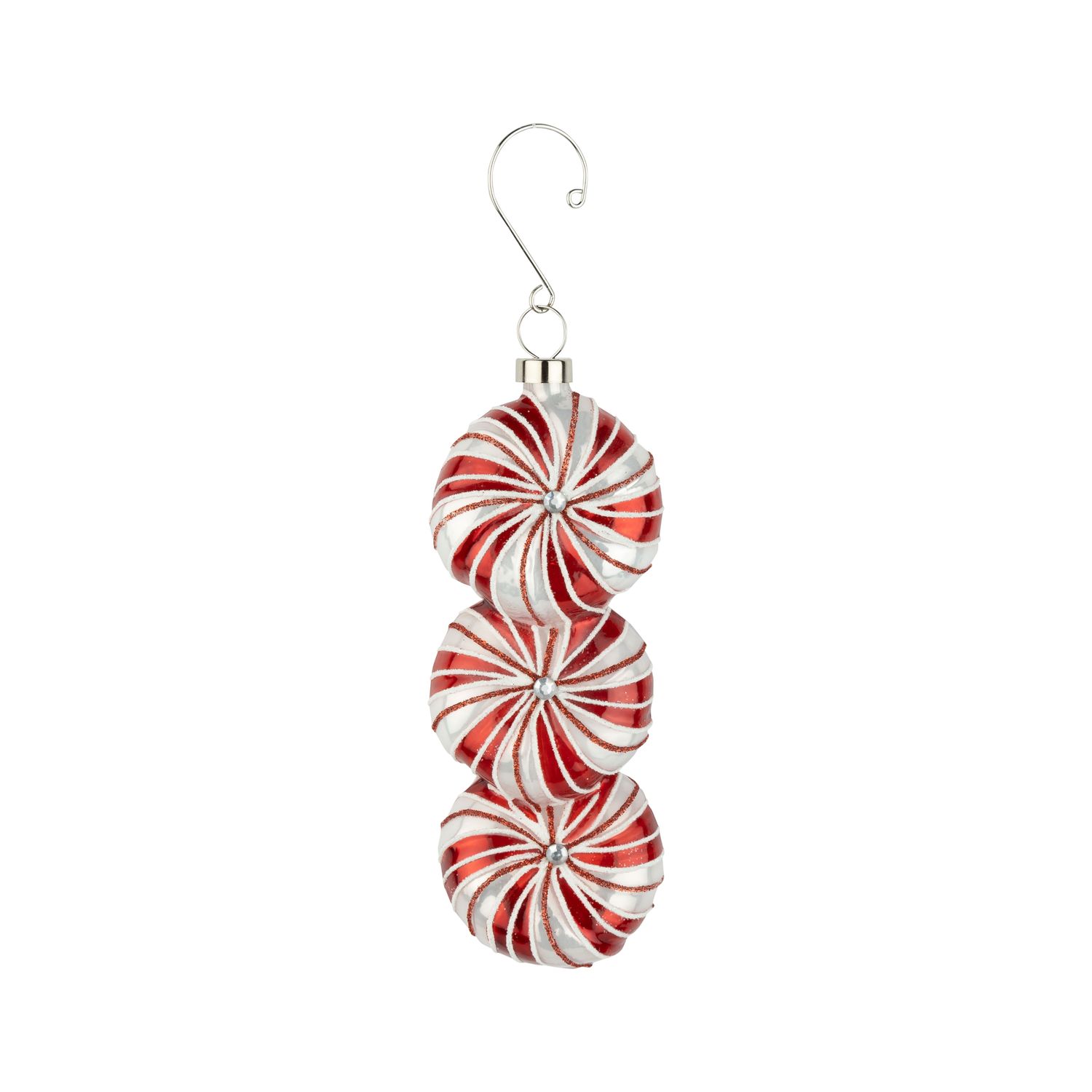 Glass ornament, peppermint candy stack, red and white design, 6 in  12      