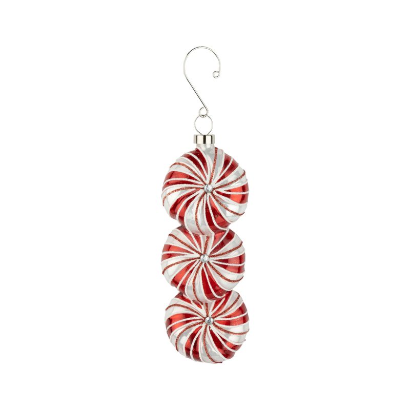 Glass ornament, peppermint candy stack, red and white design, 6 in  12      