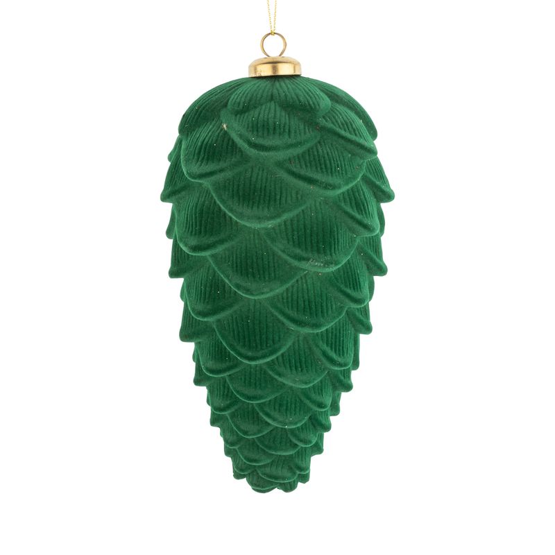 Dark green flock plastic pinecone ornament, 7.5 in  12      