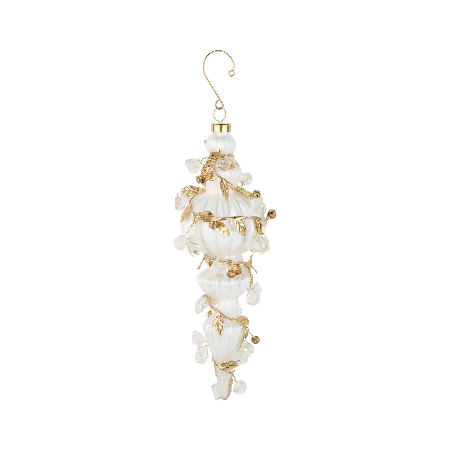 Blown glass white finial wrapped in fine gold metal wire and bead garland, 8 in  6      