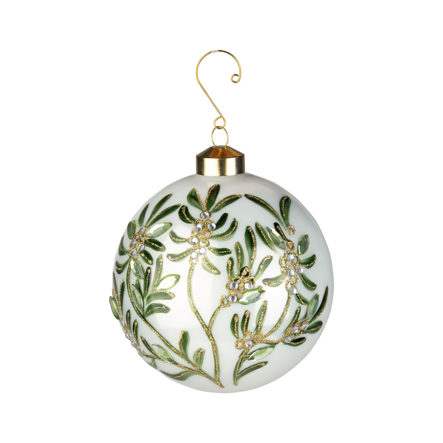 Glass ball ornament, shiny white with green mistletoe design, 120 mm/5 in  6      