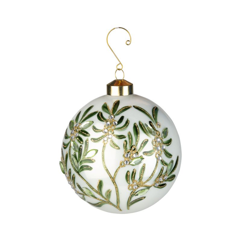 Glass ball ornament, shiny white with green mistletoe design, 120 mm/5 in  6      