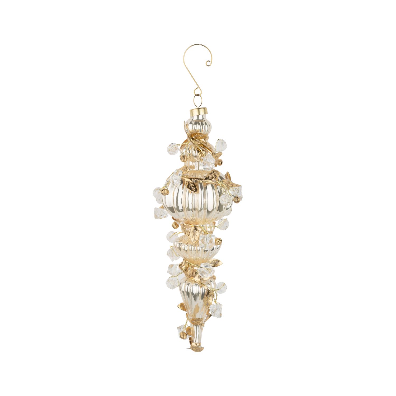 Blown glass pale gold finial wrapped in fine gold metal wire and bead garland, 8 in  6      