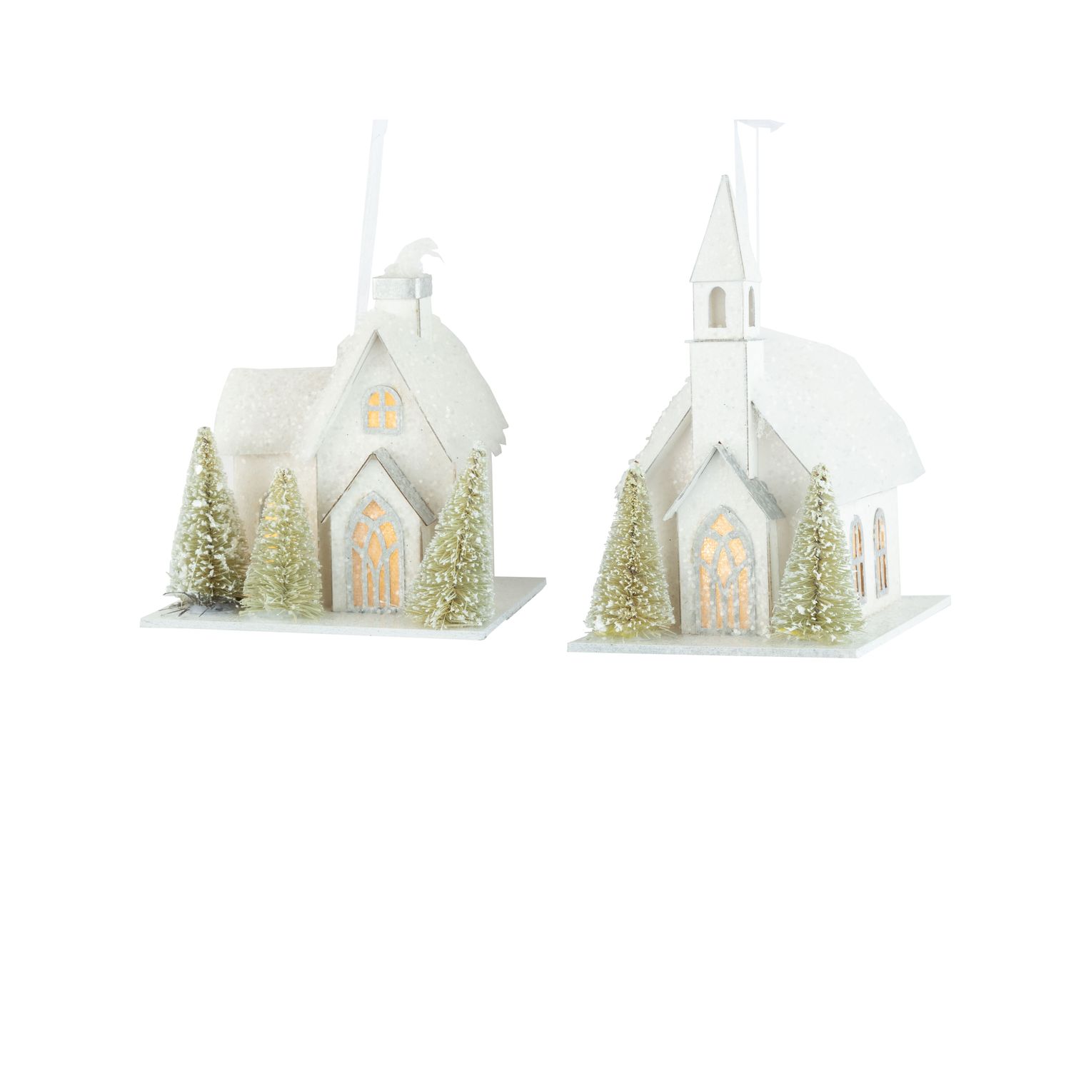 2 Asst&#39;d paper house and church ornaments, LED lights with sisal trees, 4+5 in  6      