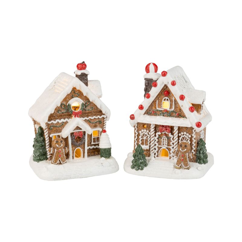 2 Asst&#39;d painted gingerbread house table pieces, snowy finish, LED, 5.5 in  2      