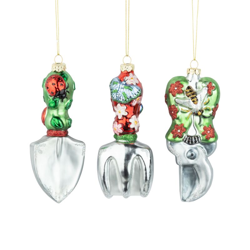 3 Asst&#39;d glass gardening tool ornaments, 5 in  6      