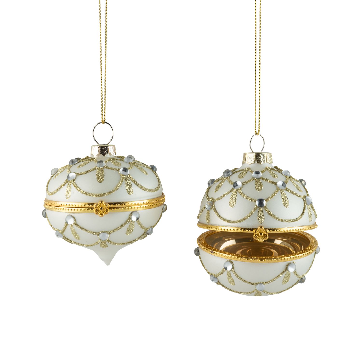 2 Asst&#39;d blown glass hinged keepsake ornaments, matte white and pale gold glitter, clear stones, 2.5 in  12      
