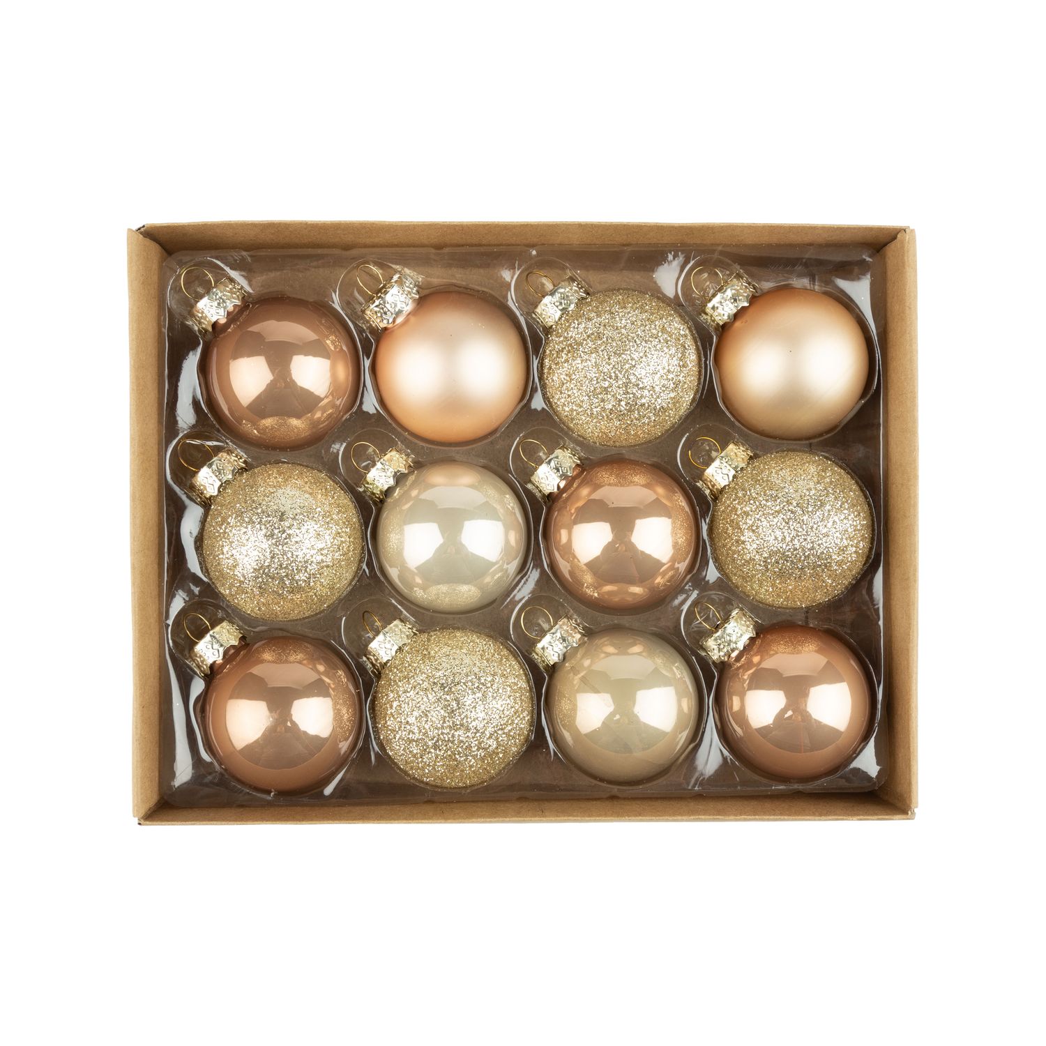 Set of 12 glass ball ornaments, shiny, matte, glitter gold and bronze in paper box with plastic insert, each ball 45 mm/1.5 in  6      