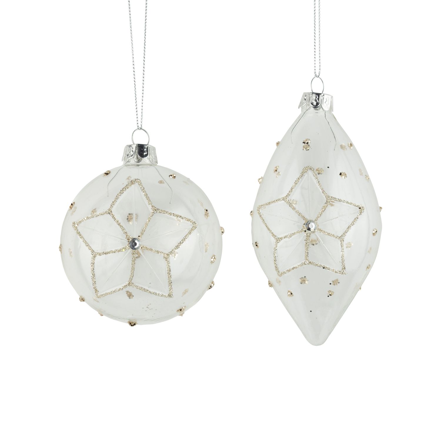 2 Asst&#39;d clear glass ball and drop ornaments with star pattern inset, glitter trim, 3+5 in  12      
