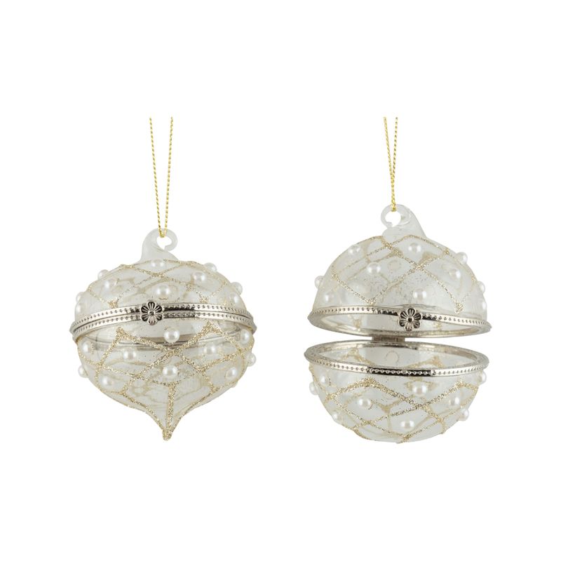 2 Asst&#39;d glass ball and drop keepsake ornament, clear with pale silver lattice and pearls beads, 2.4 in  12      
