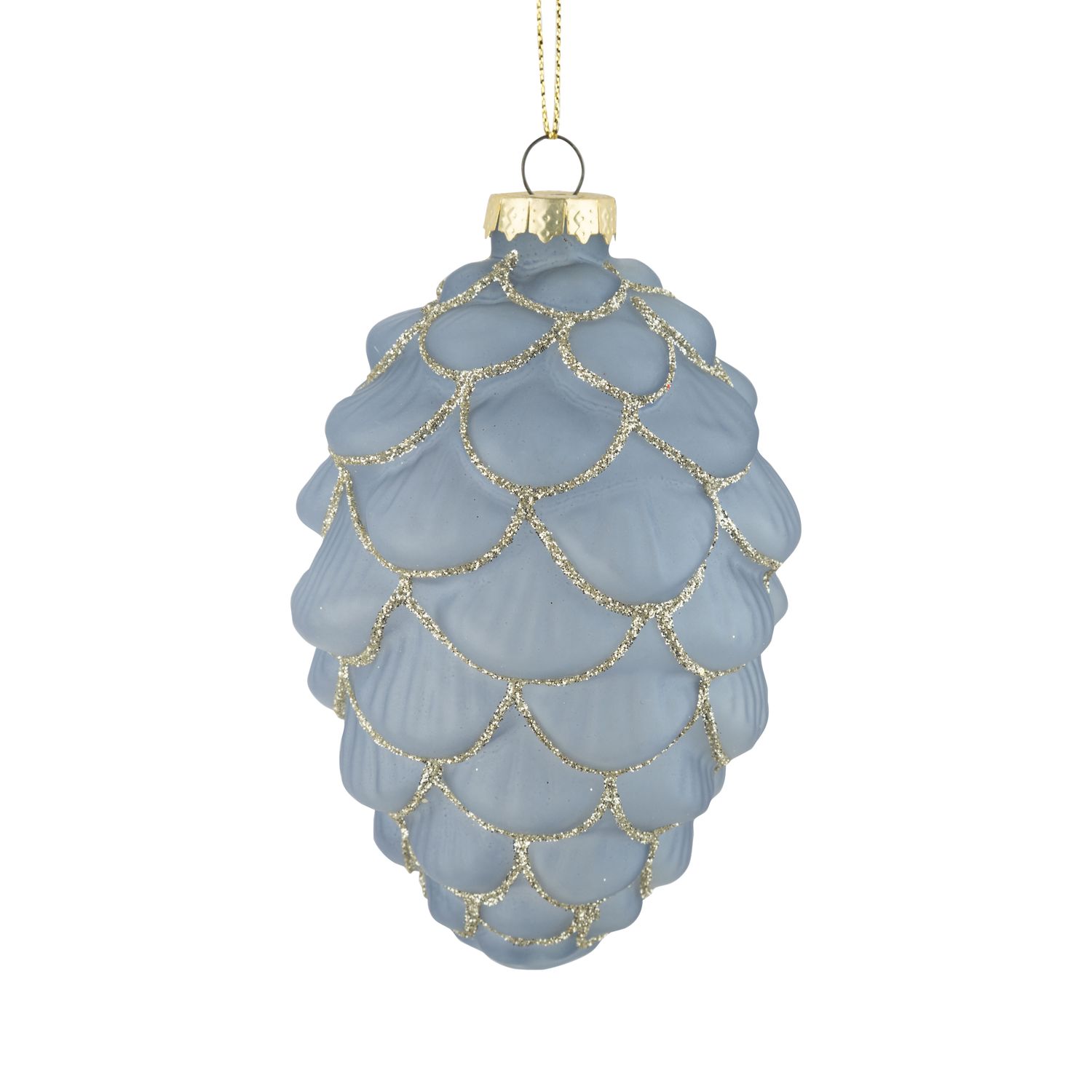 Glass pinecone ornament, translucent pale blue with pale silver glitter, 5 in  6      
