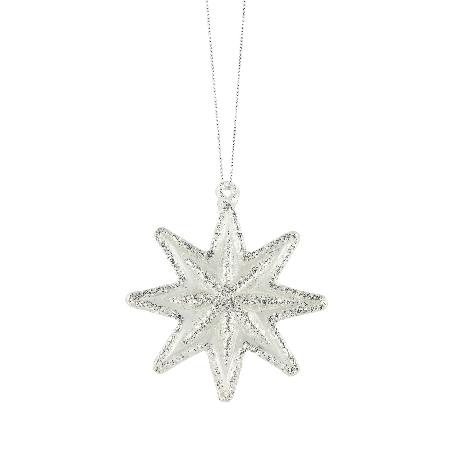 Molded glass 8-point star ornament with pale silver glitter, 3 in  12      