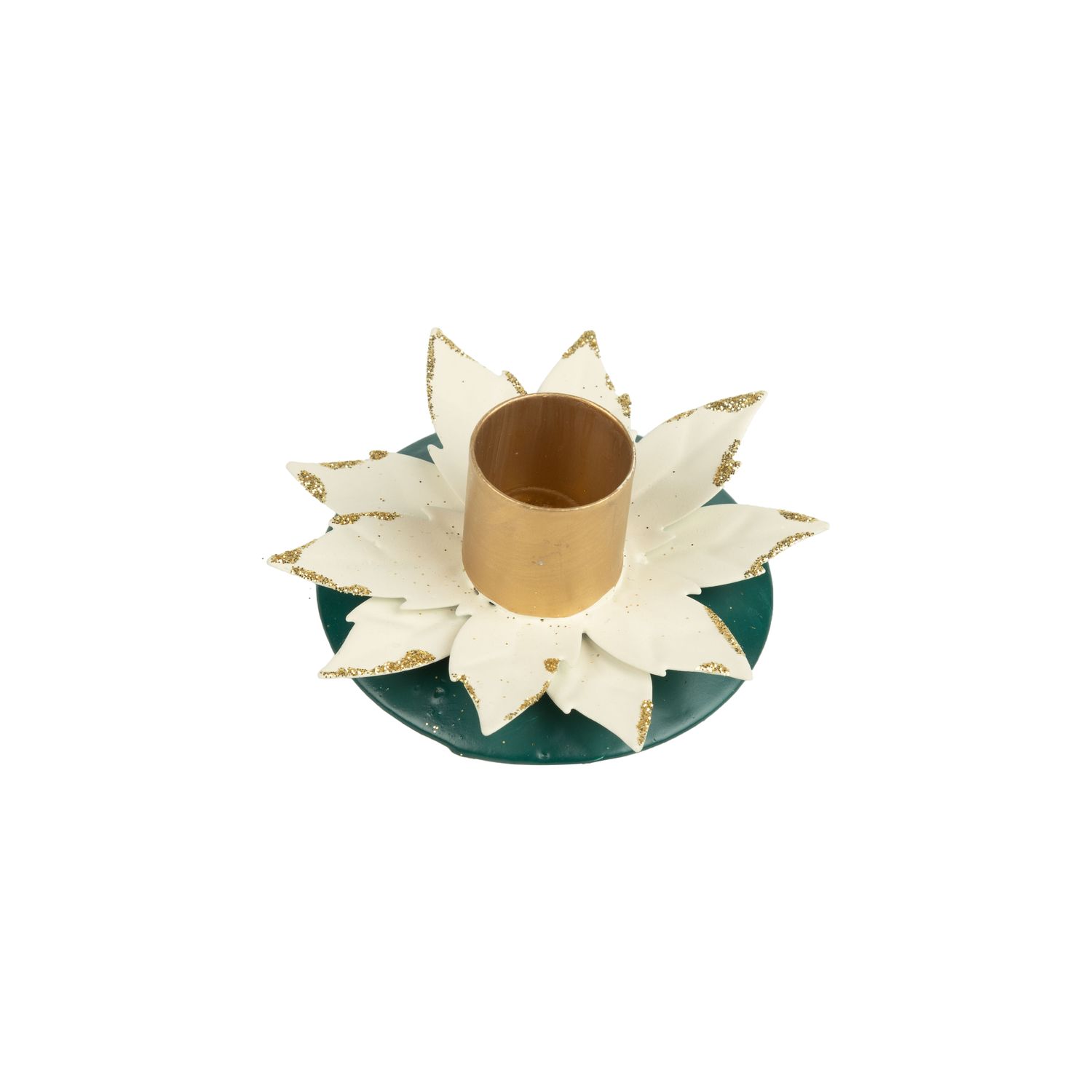 Painted metal poinsettia taper holder, cream and green, 3 in  12      