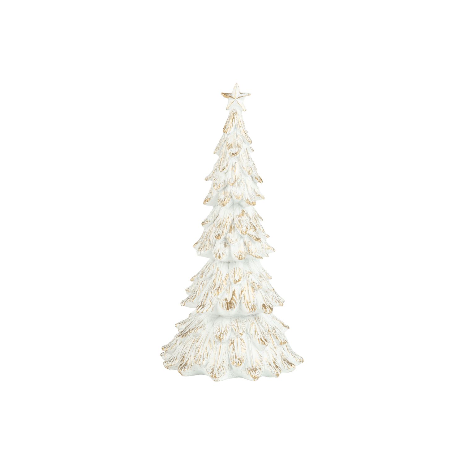 Painted resin table top fir tree, white with gold wash finish, 8 in  6      