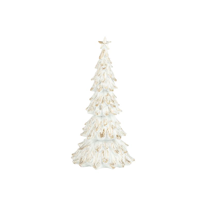 Painted resin table top fir tree, white with gold wash finish, 8 in  6      