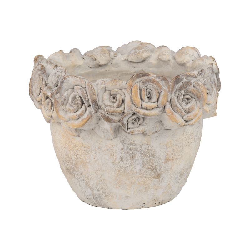 Molded cement tapered pot cover with floral rim, light gold wash finish, 9.5 in  2       