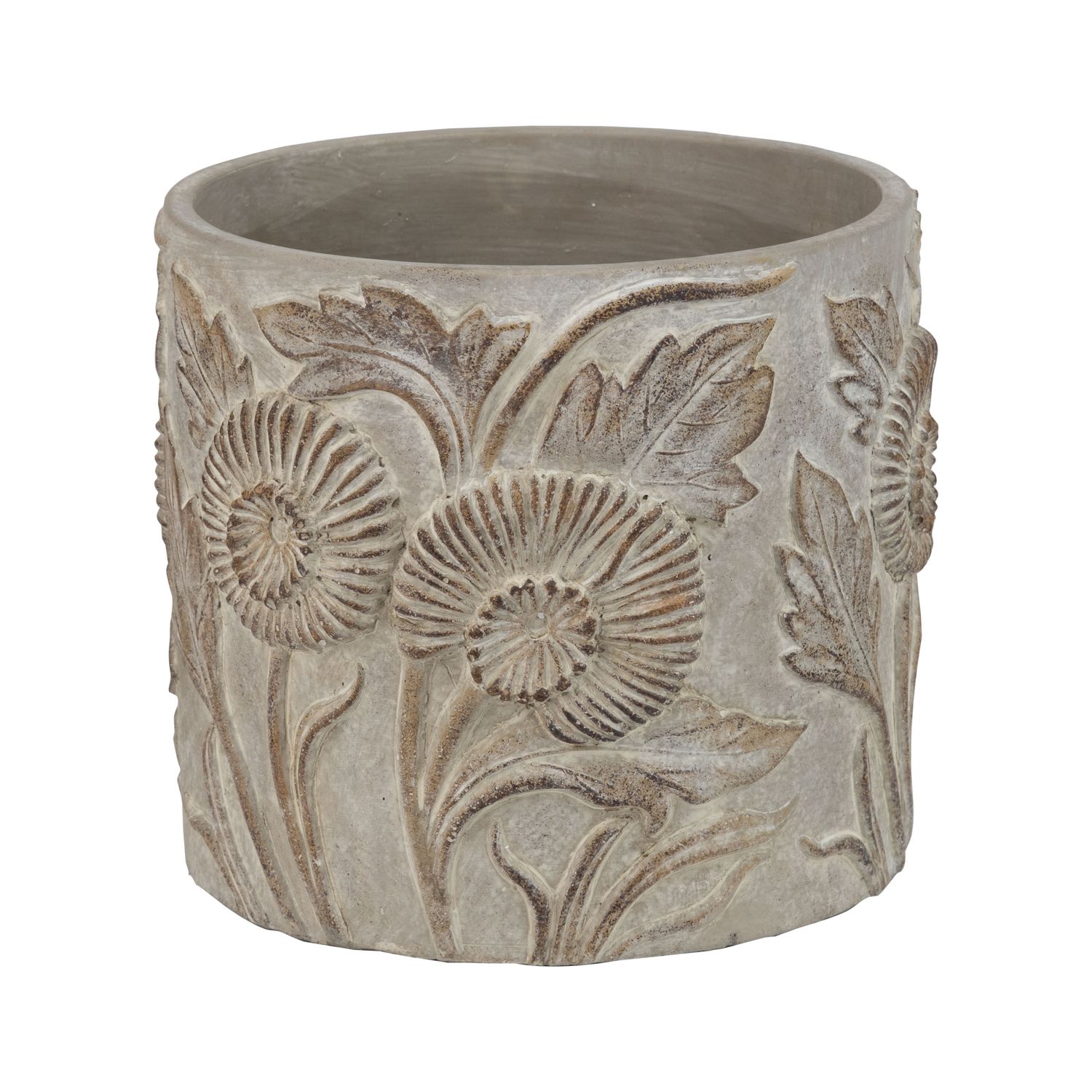 Molded cement pot cover with floral designs, antique wash finish, 7.5 in  2       
