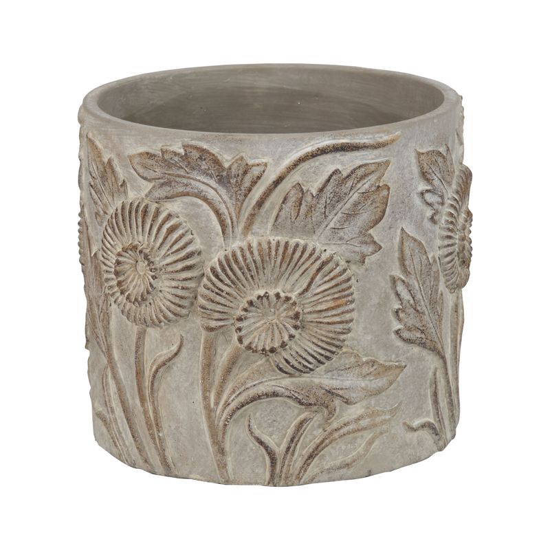 Molded cement pot cover with floral designs, antique wash finish, 7.5 in  2       