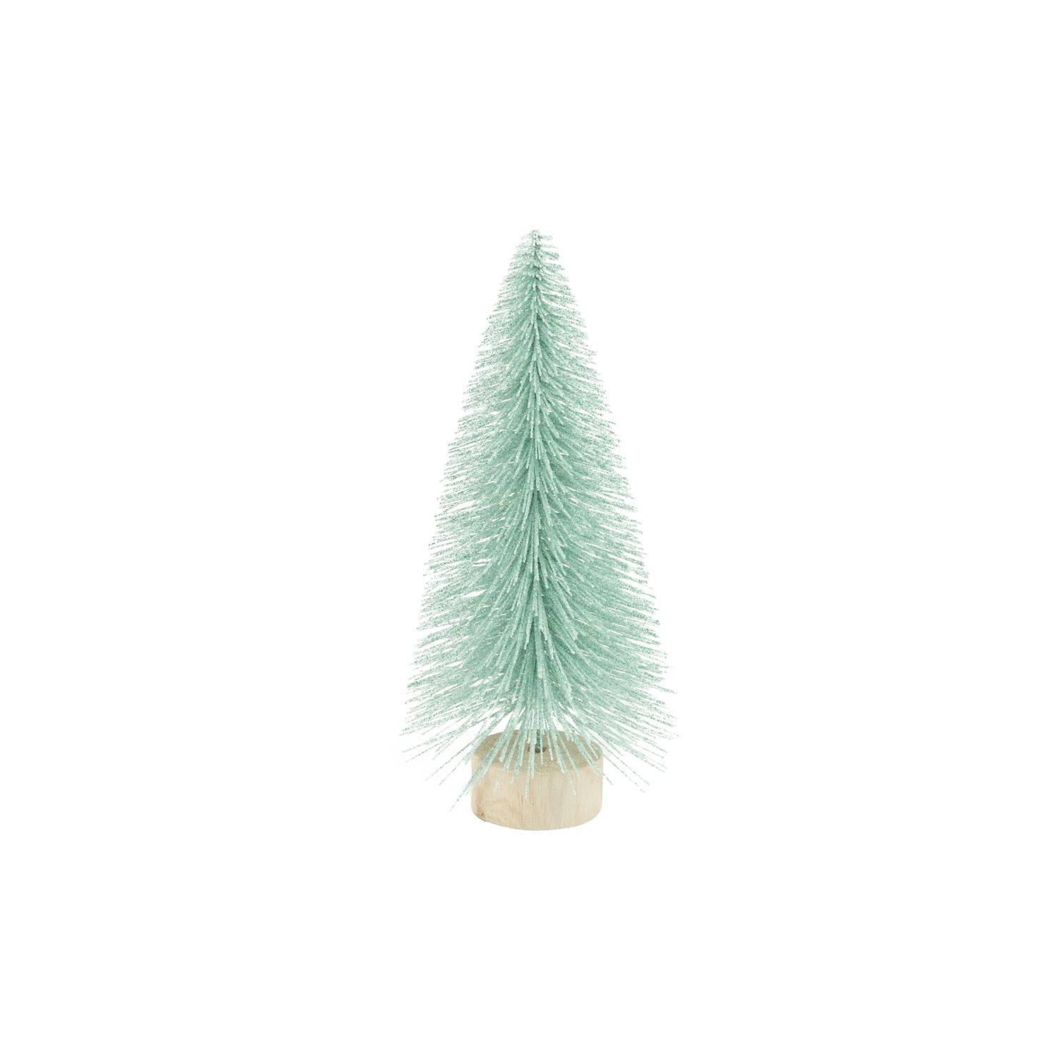 Pale blue glittered bristle tree on wood base, 9 in  6      