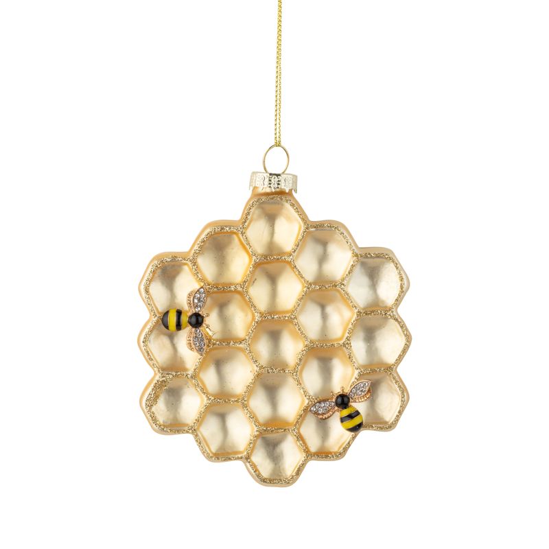 Glass honeycomb ornament, with bee appliques, 4 in  6      