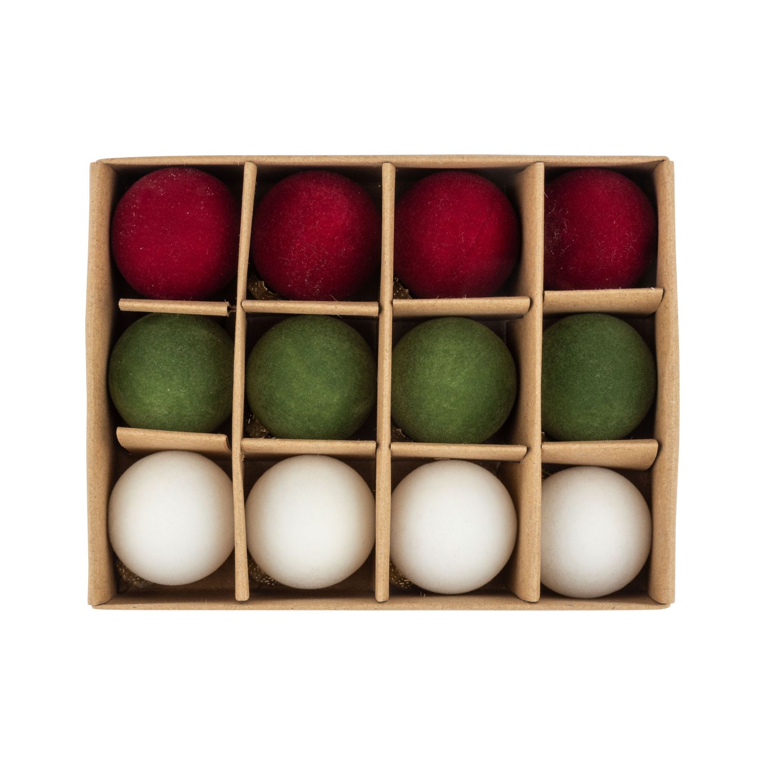 Set of 12 mini flocked covered acrylic ball ornaments in burgundy, dark green and white, 45mm/1.2 in per ball  8      