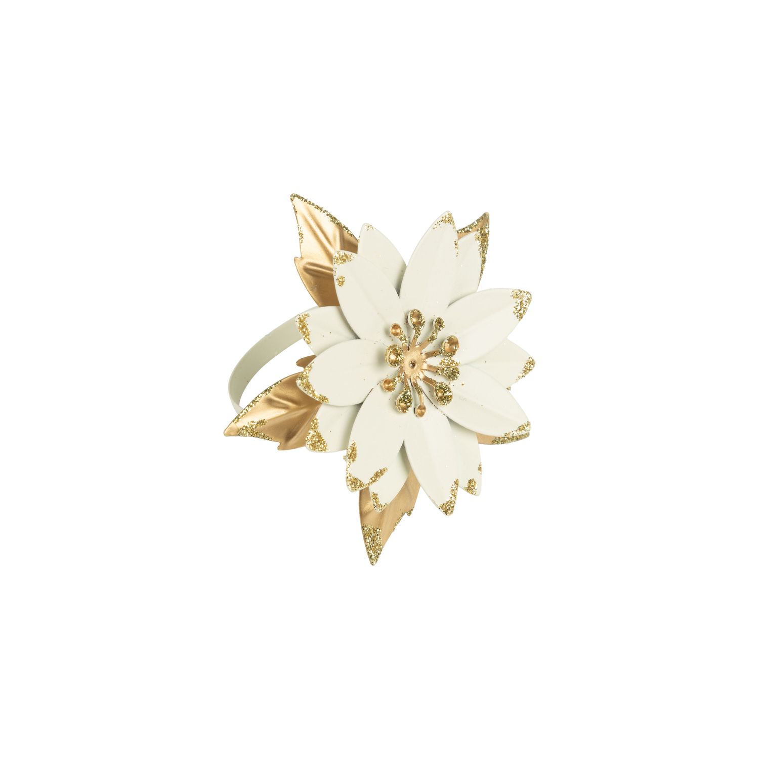 Painted metal poinsettia napkin ring, cream and gold, 3 in  12      