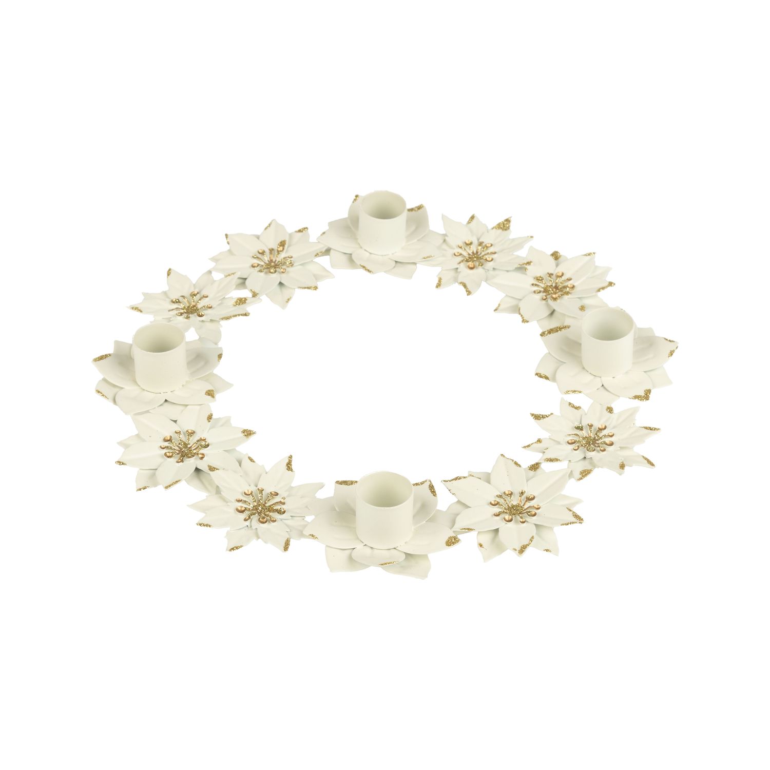 Painted metal poinsettia and dogwood candle ring, cream and gold, 10 in  6