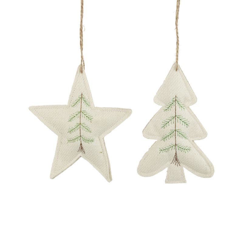 2 Asst&#39;d fabric tree and star ornaments with embroidered tree, 2 sided, 6 in  12      