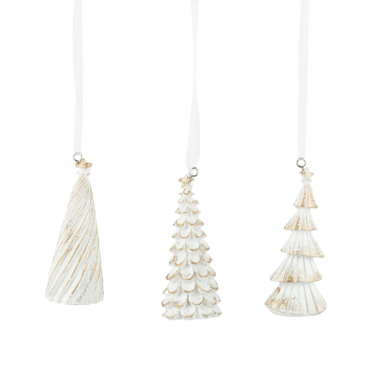 3 Asst&#39;d painted resin tree ornaments, white with gold wash finish, 3 in  24      