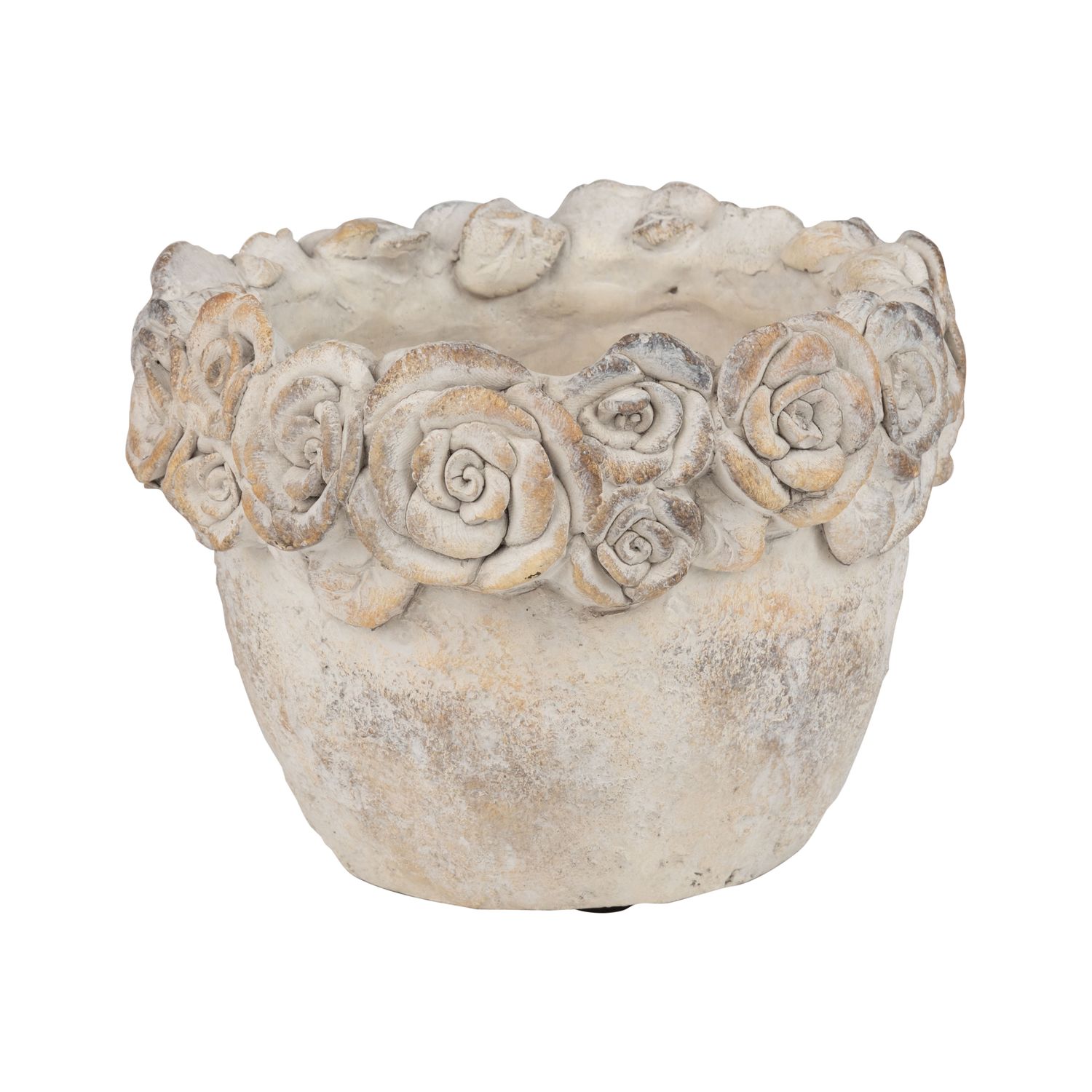 Molded cement tapered pot cover with floral rim, light gold wash finish, 7.5 in  2       