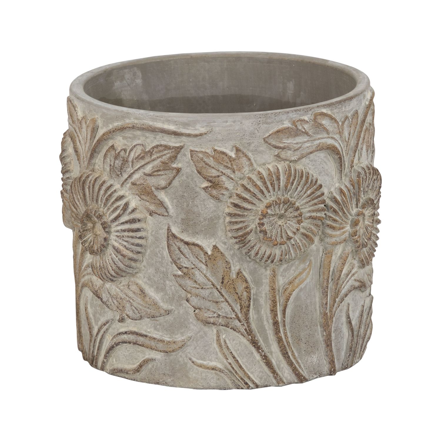 Molded cement pot cover with floral designs, antique wash finish, 6 in  2       
