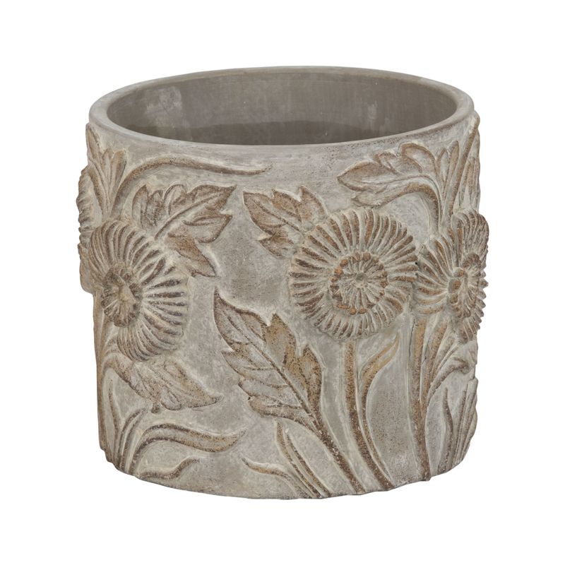 Molded cement pot cover with floral designs, antique wash finish, 6 in  2       