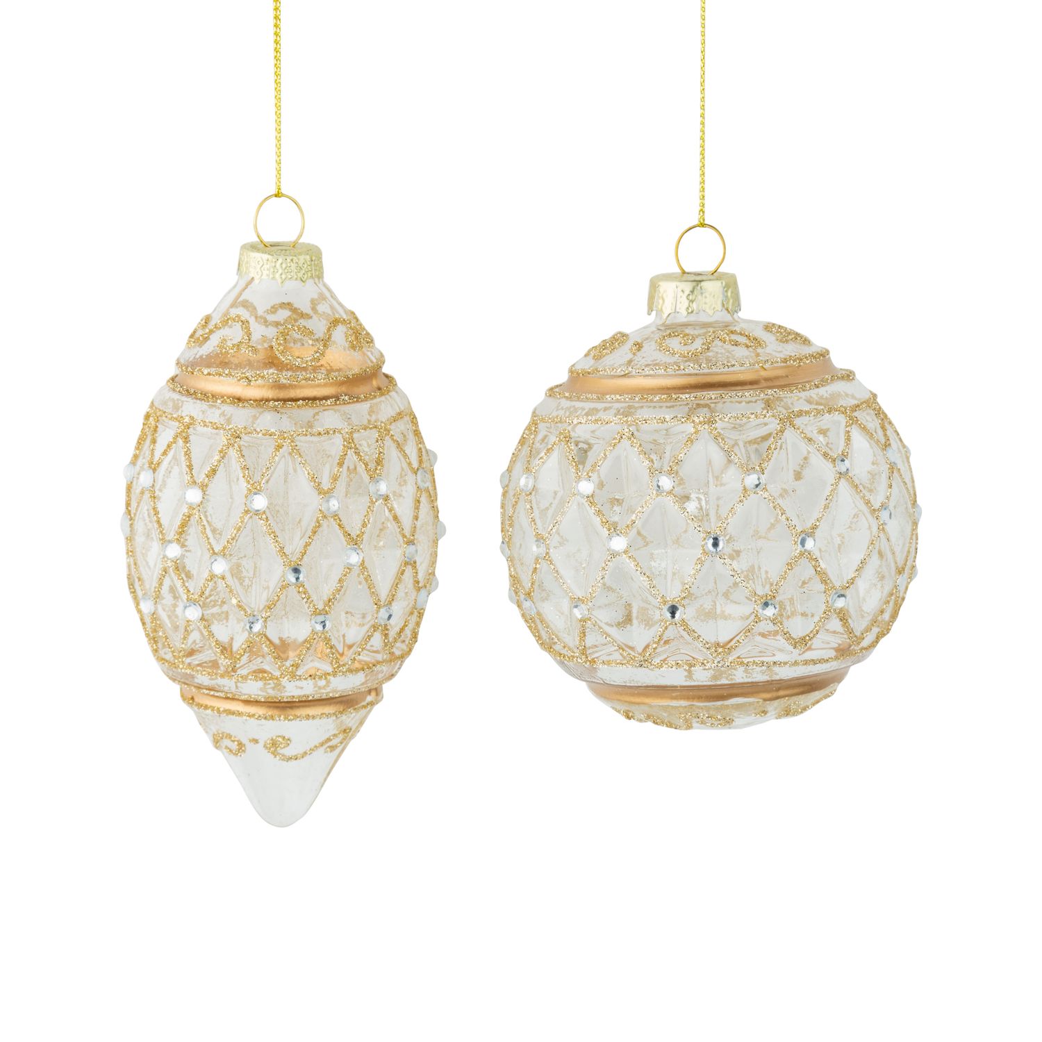 2 Asst&#39;d glass ornaments, clear with gold lattice and glitter bands, 3+4 in  12      