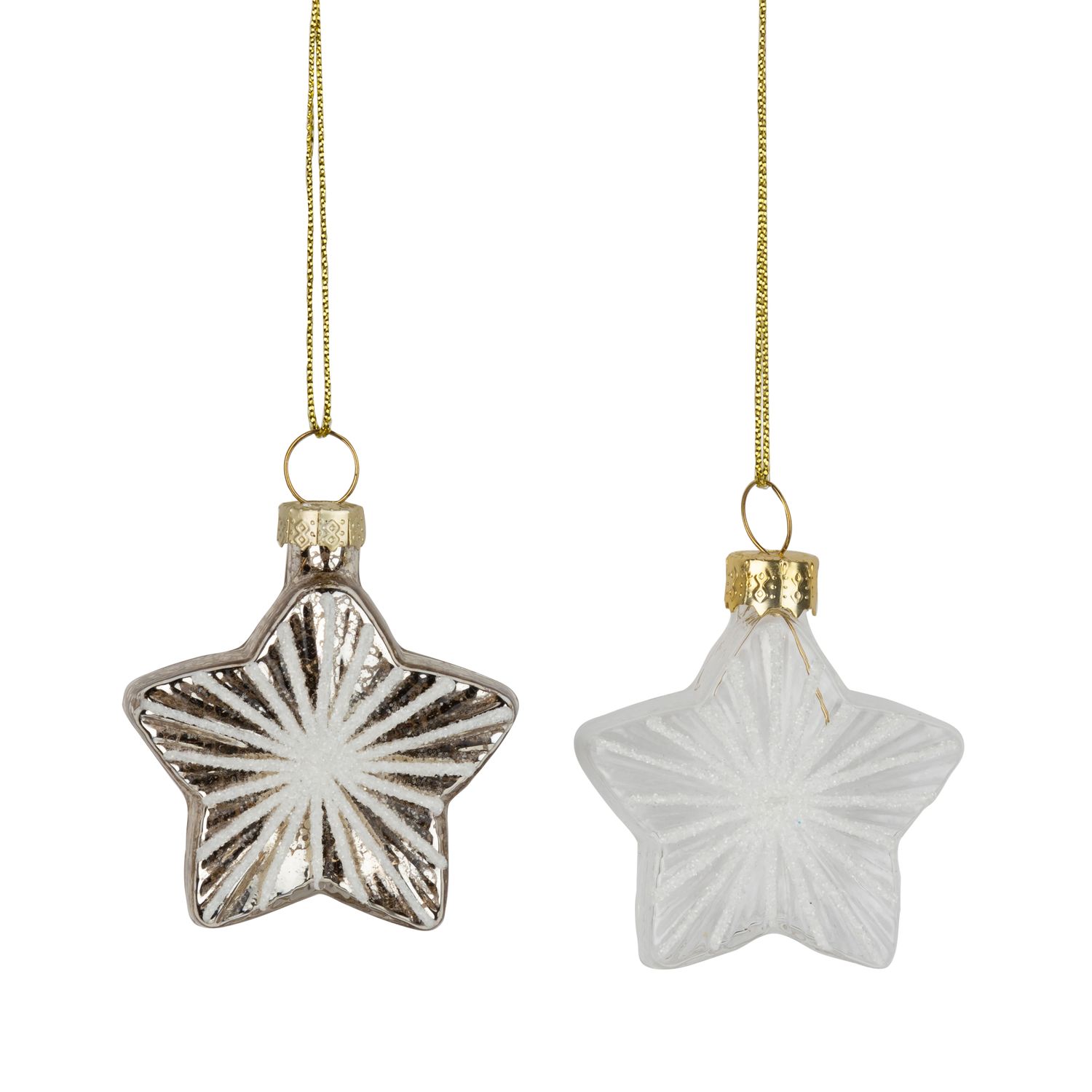2 Asst&#39;d glass star ornaments, clear with white glitter and silver with shiny glitter, 1.8 in  24      