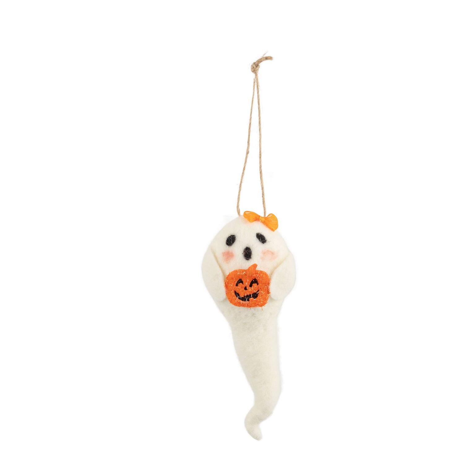 White felt ghost ornament with pumpkin, 6 in  6      