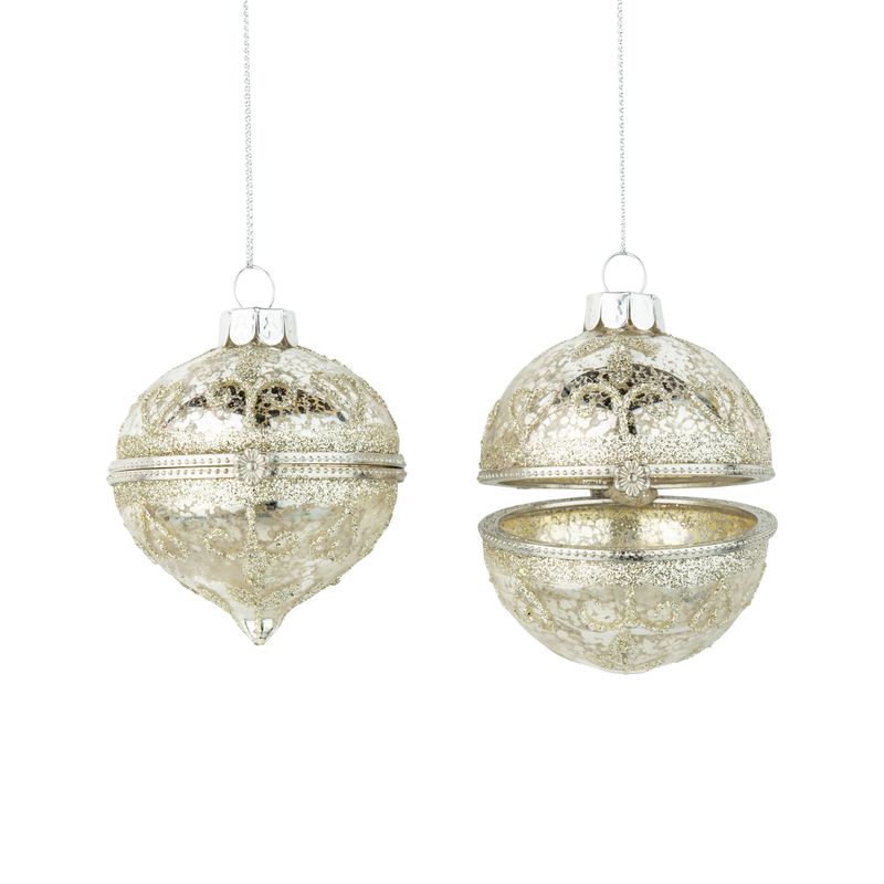 2 Asst'd glass keepsake ornaments, matte silver with silver glitter details, 2.4 in  12      