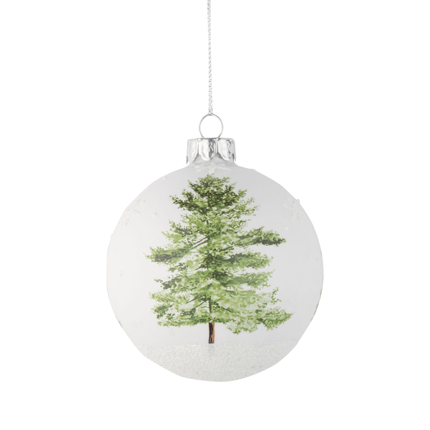 Glass ball ornament white glass with green Christmas tree and glitter base, 80mm/3 in  12      