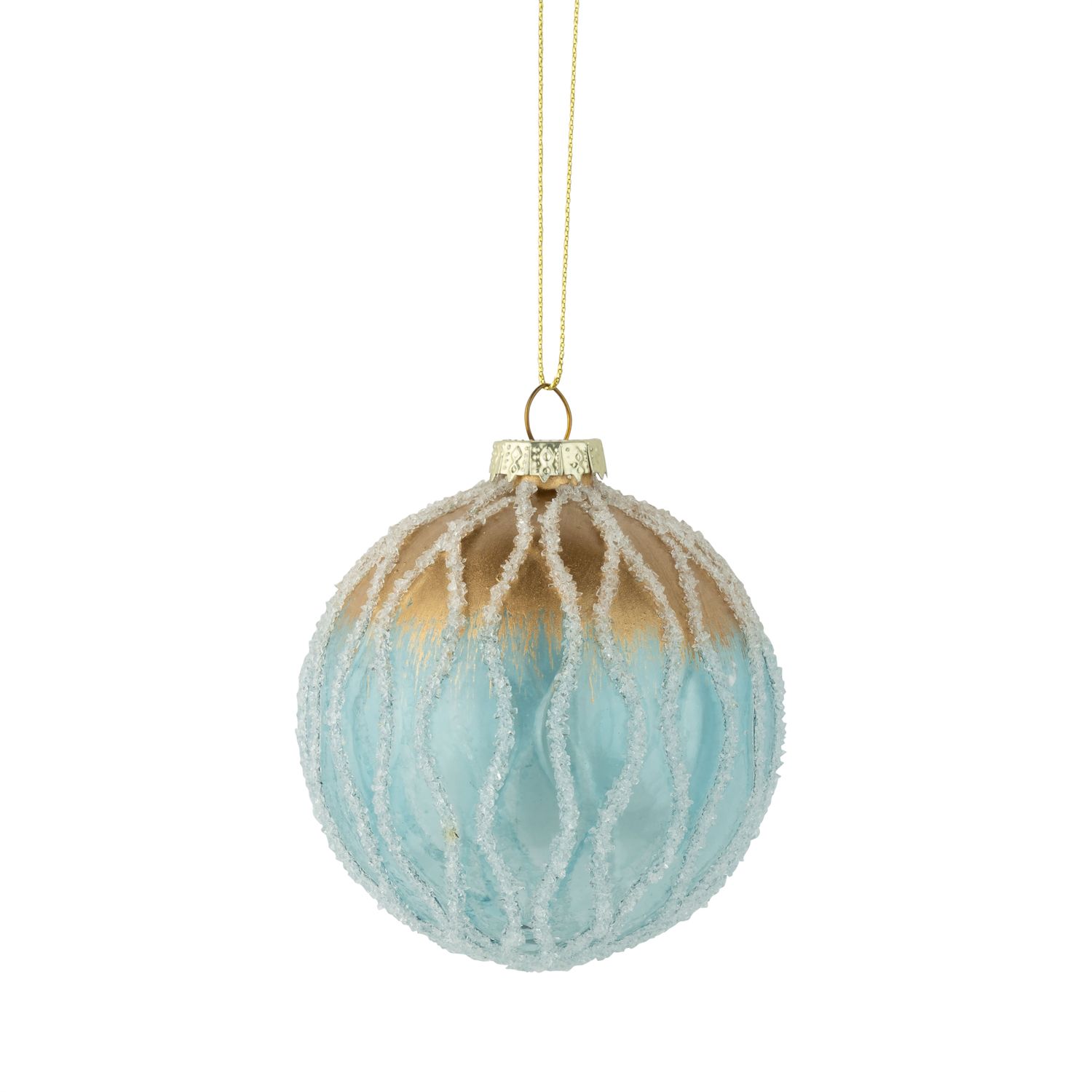 Frosted glass ornament, light blue with white beads and gold top, 80mm/3 in  12      