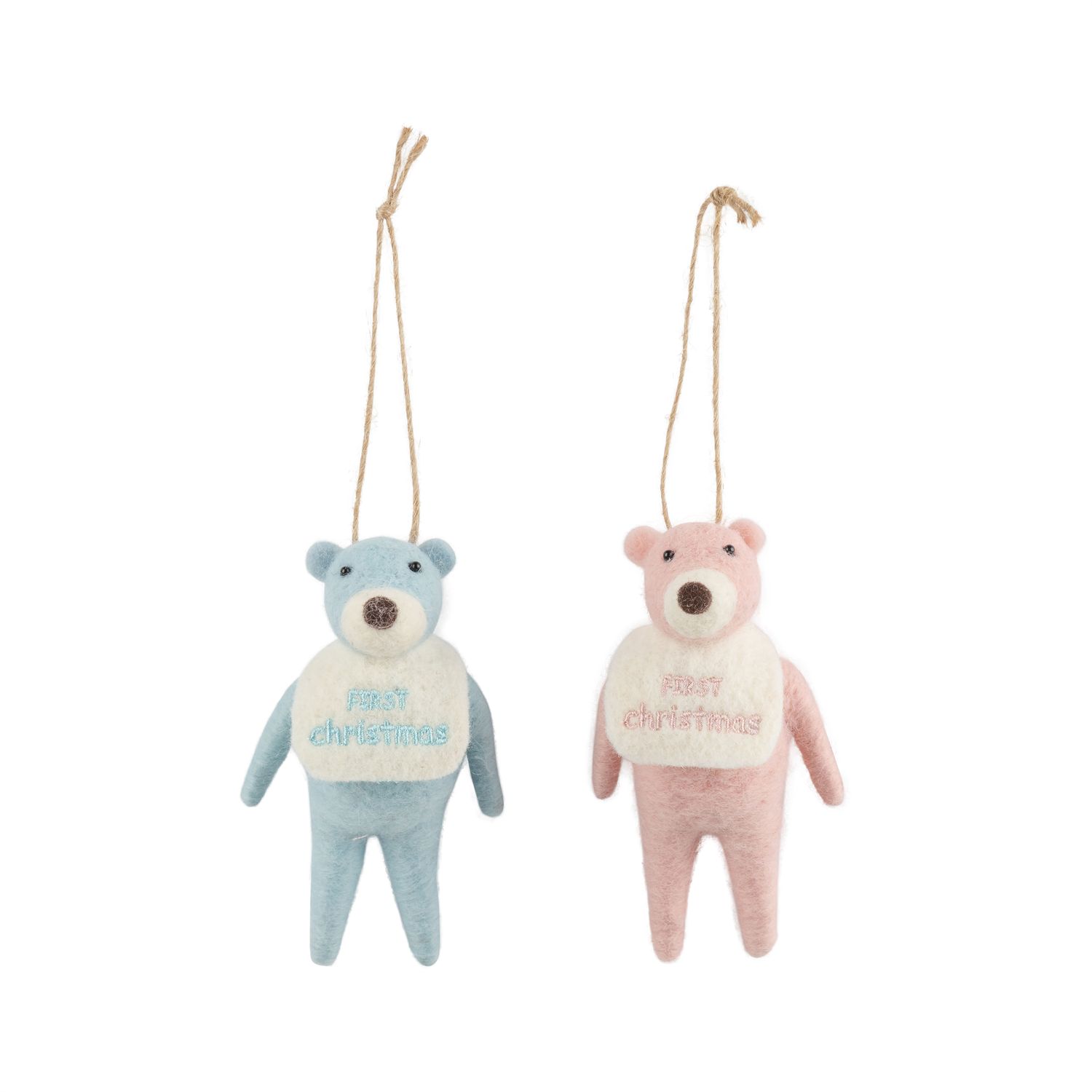 2 Asst&#39;d pink and blue embroidered felt baby&#39;s first bear ornaments, 4 in  6      