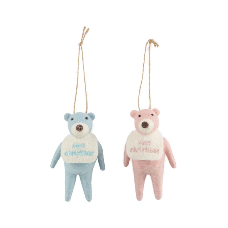 2 Asst&#39;d pink and blue embroidered felt baby&#39;s first bear ornaments, 4 in  6      