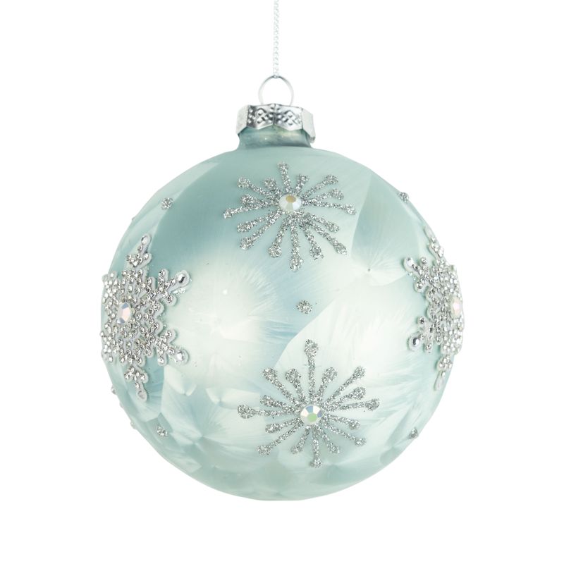 Glass ball ornament, pale aqua with silver glittered snowflakes, 100 mm/4 in  12      